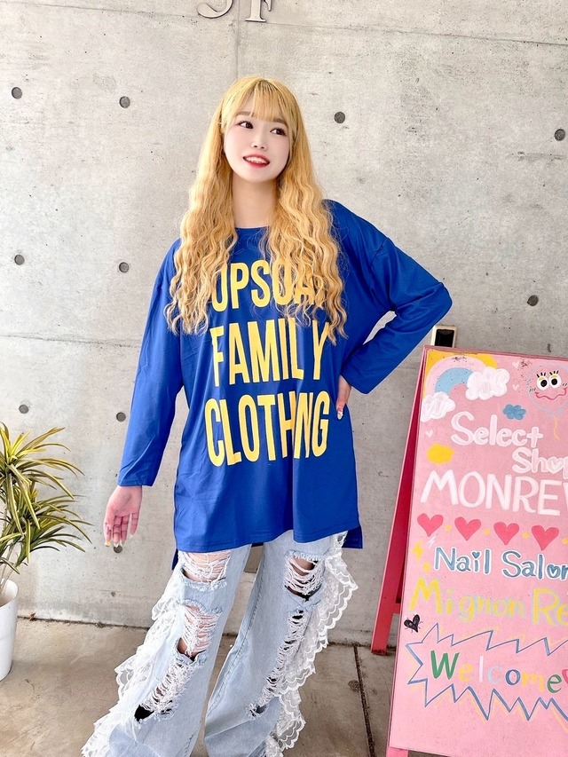 Blue×YellowロングTシャツ/韓国/レディースファッション/可愛い/おしゃれ/ラフ/カジュアル/春/秋（6-217）