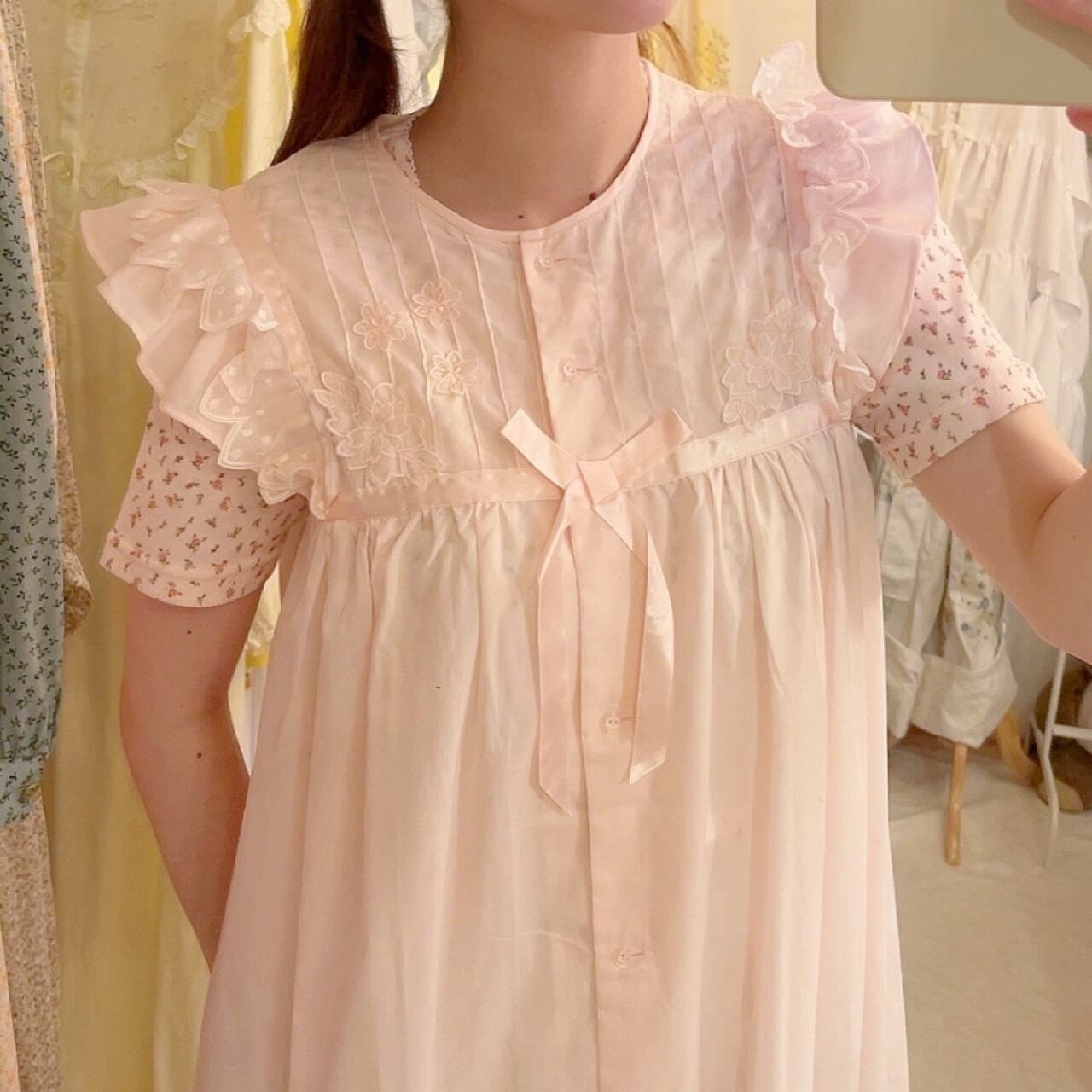 pink frill ribbon sleeve less one-piece