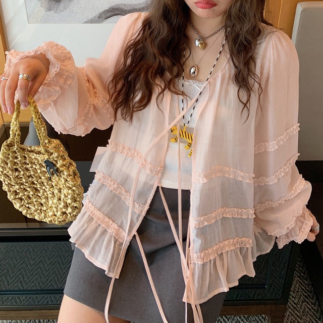 sweet frill stitch sheer shirt cardigan【2color】  e2046