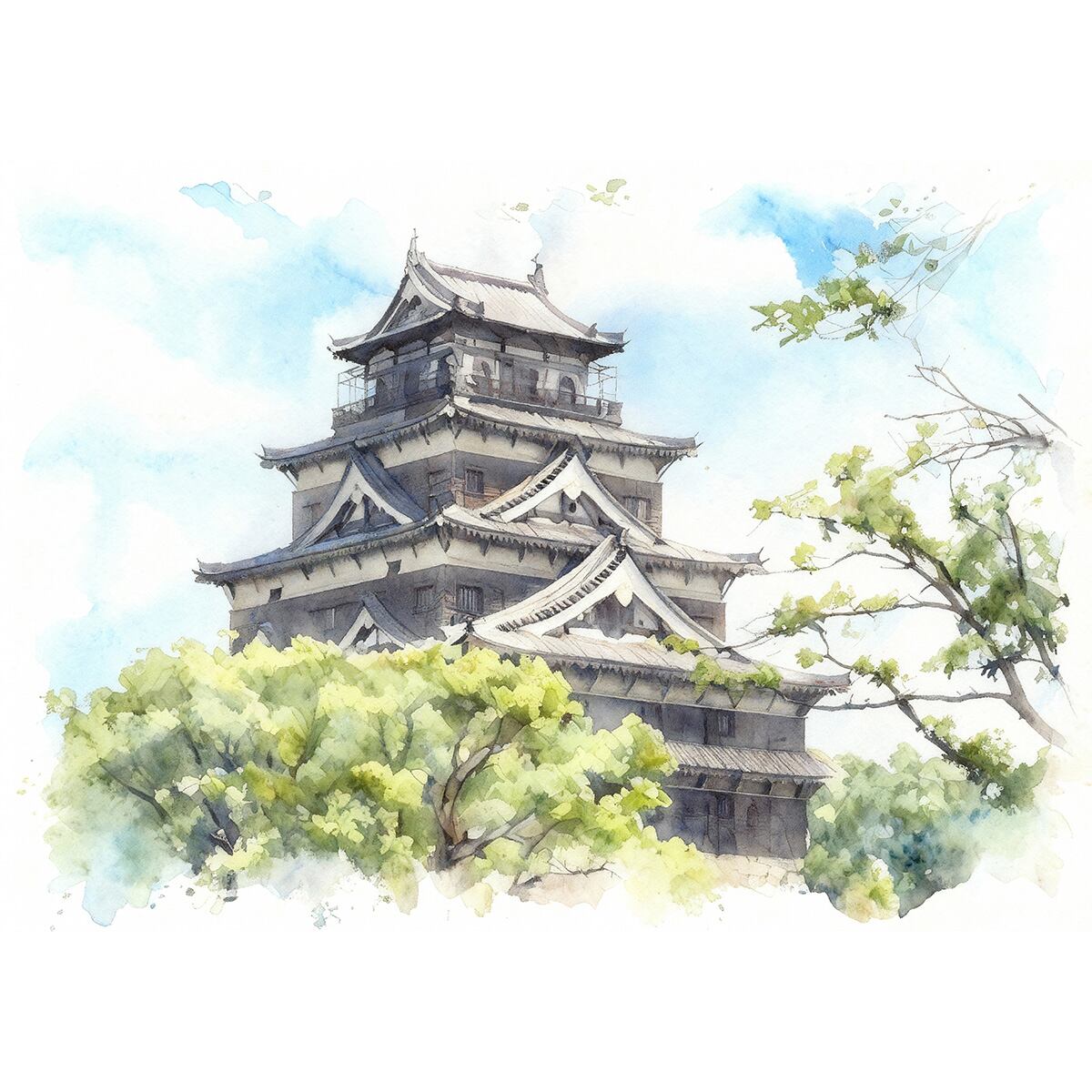 絵画 風景画 日本の城 広島県広島城 インテリアアート額付き 水彩画