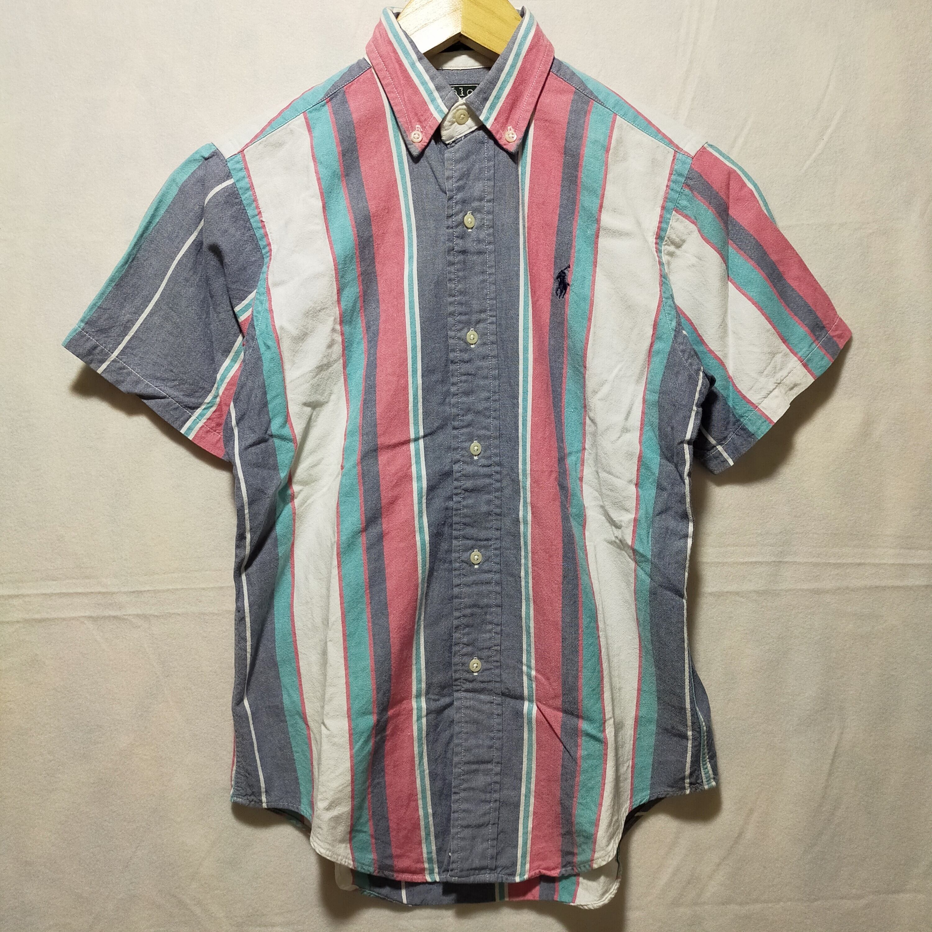 80s USA製 Polo by Ralph Lauren 緑タグ マルチストライプ 半袖シャツ 