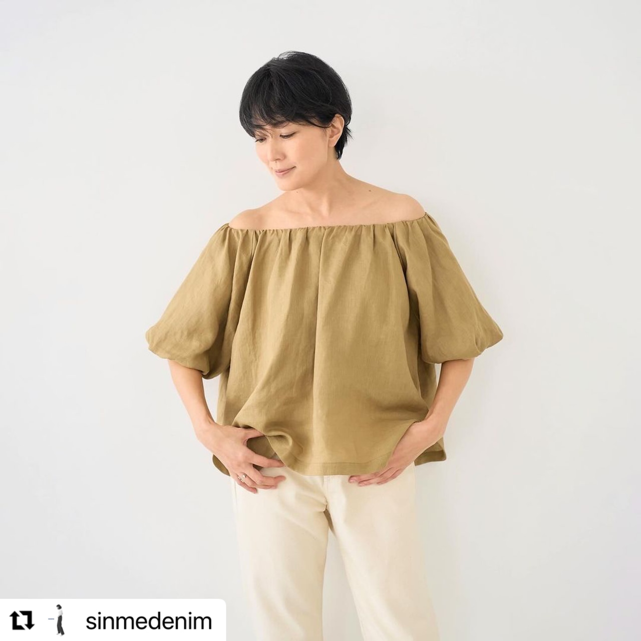 SINME リネンオフショルダーブラウス ブルー