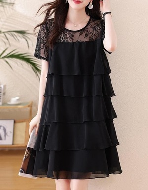 新品 大きいサイズ ワンピース 春夏シフォン レース ティアード フリル