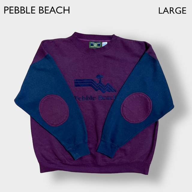 PEBBLE BEACH スウェットシャツ トレーナー ロゴ 刺繍 L クルーネック 切替 バイカラー 肘当て SWEATSHIRTS US古着