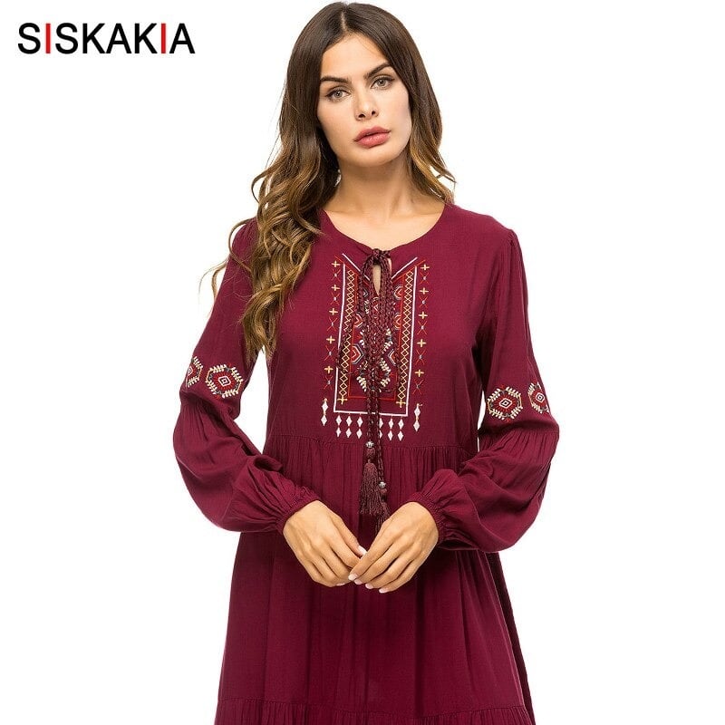 ボヘミアンタッセル刺繍長袖マキシ丈ワンピース | alegre