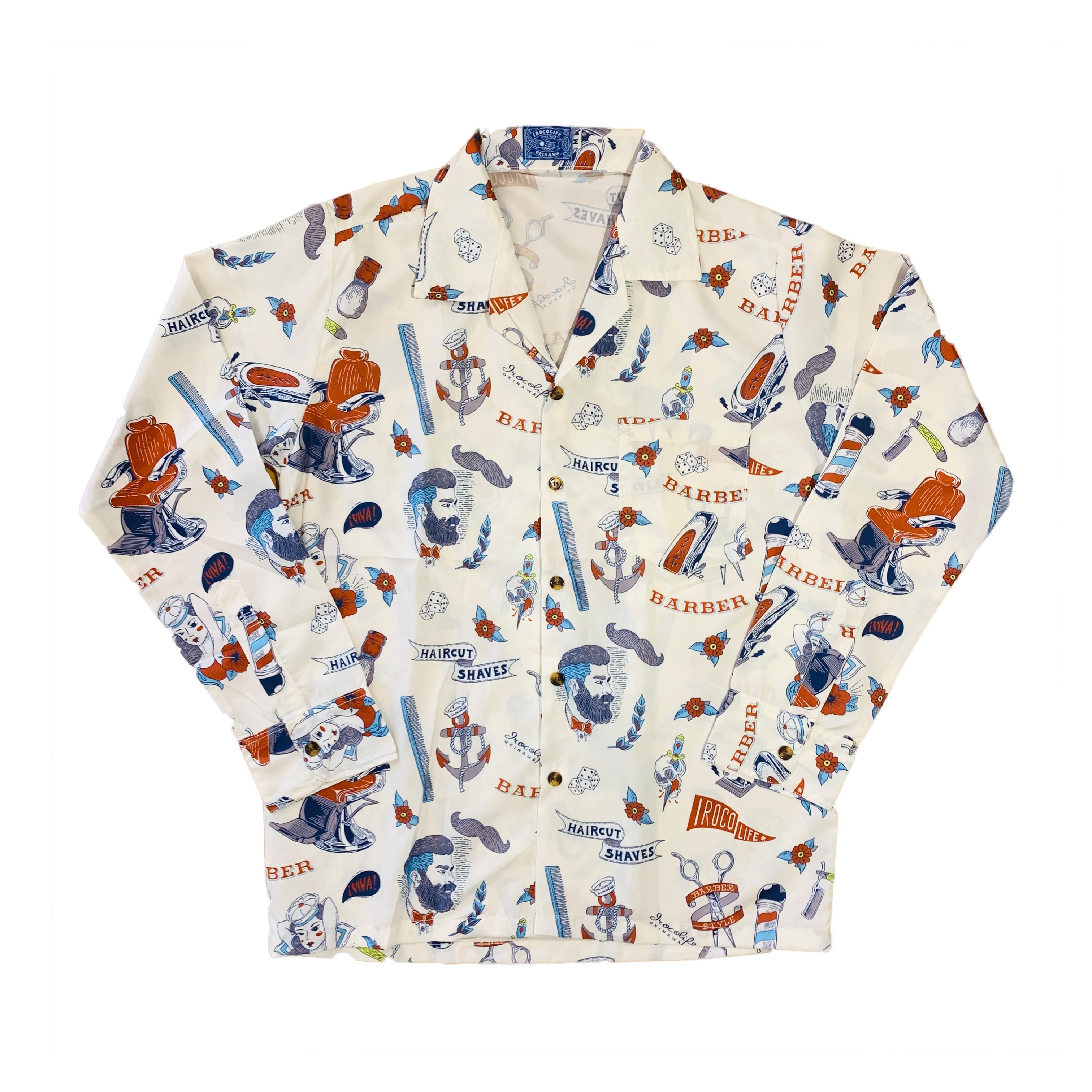 南国BARBER柄のロングアロハシャツ【White】 | 沖縄のセレクトショップ