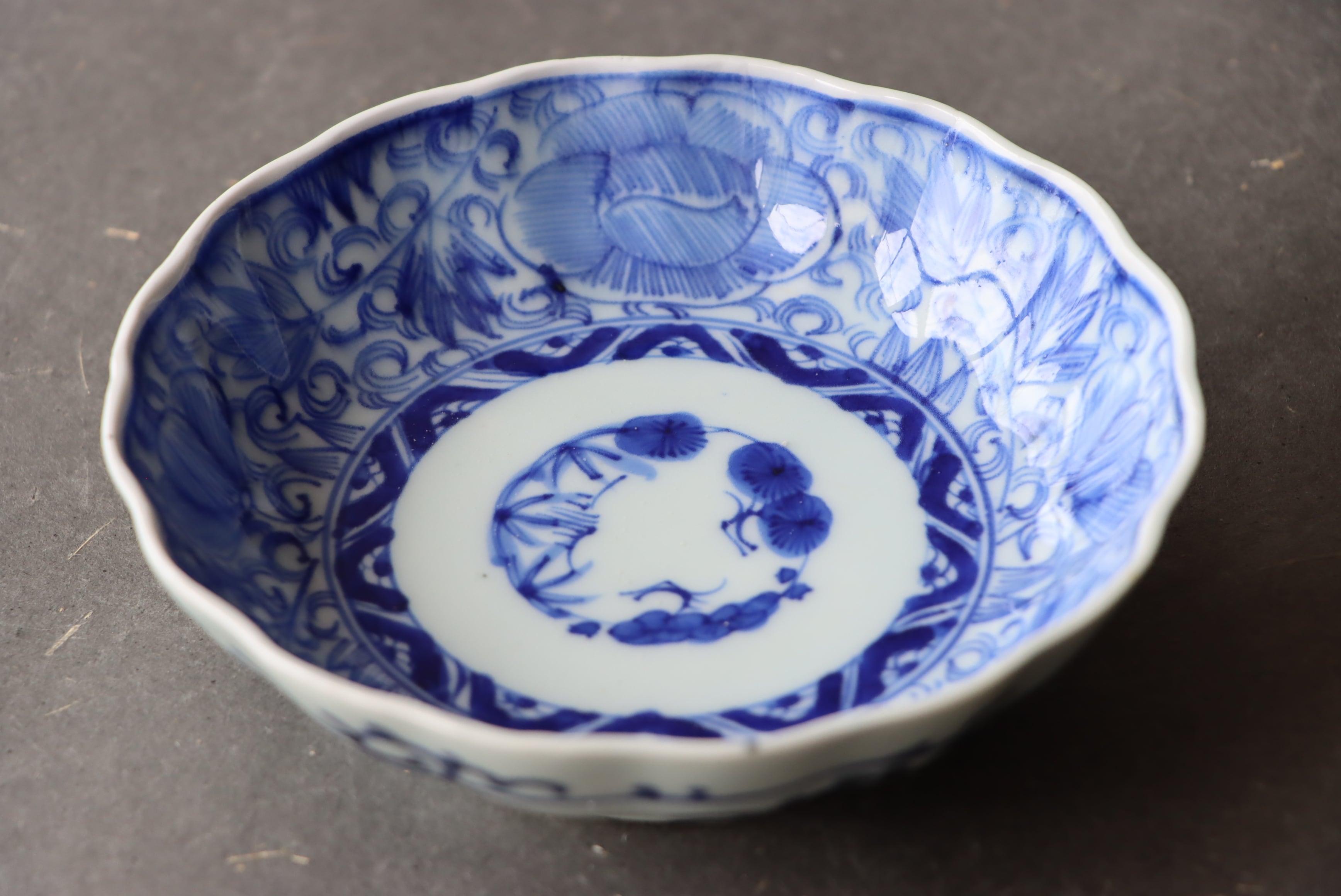 伊万里焼 染付 線描 花文 膾皿/Imari 