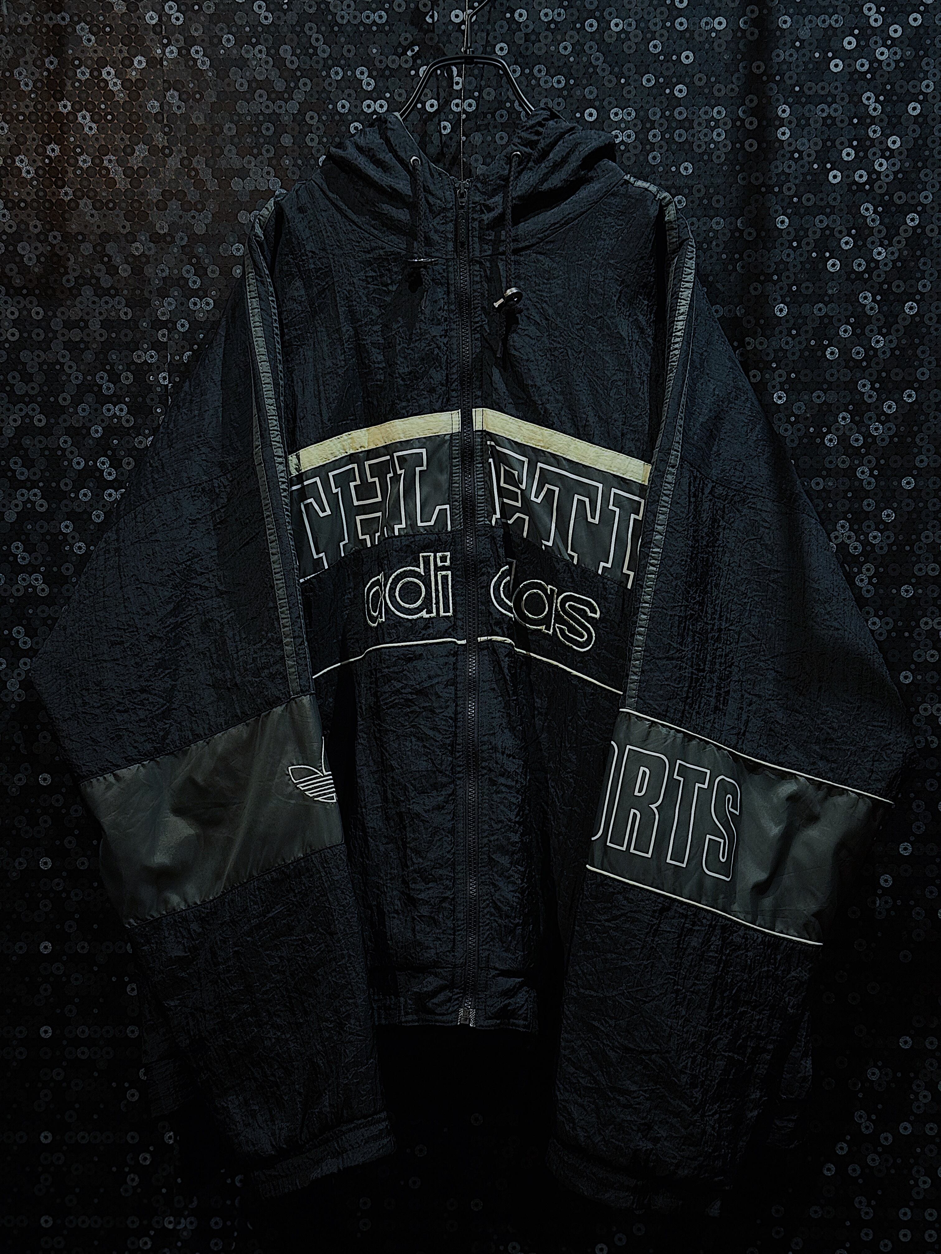 "90's vintage" adidas original black nylon "ATHLETIC"logo hoodie jacket