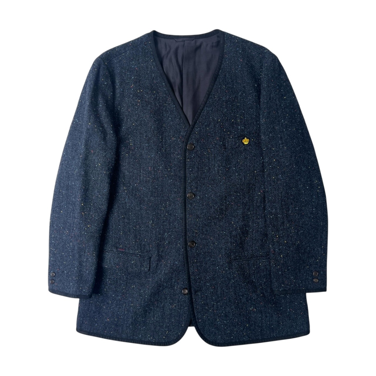 PAPAS パパス Harris Tweed ノーカラー ヘリンボーン ネップ ツイードジャケット