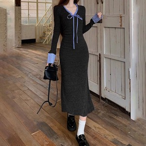 マーメイド ワンピース 長袖 リボン レディース 春秋冬 韓国 ロングワンピース おしゃれ きれいめ 大人 かわいい タイト スリム 上品 フェミニン 大人可愛い 大人女子