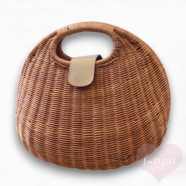 ビンテージ 天然素材 かごバッグ 丸型ラタン×ピンクサテン内布のナチュラルかごバッグ BAG vintage 古着