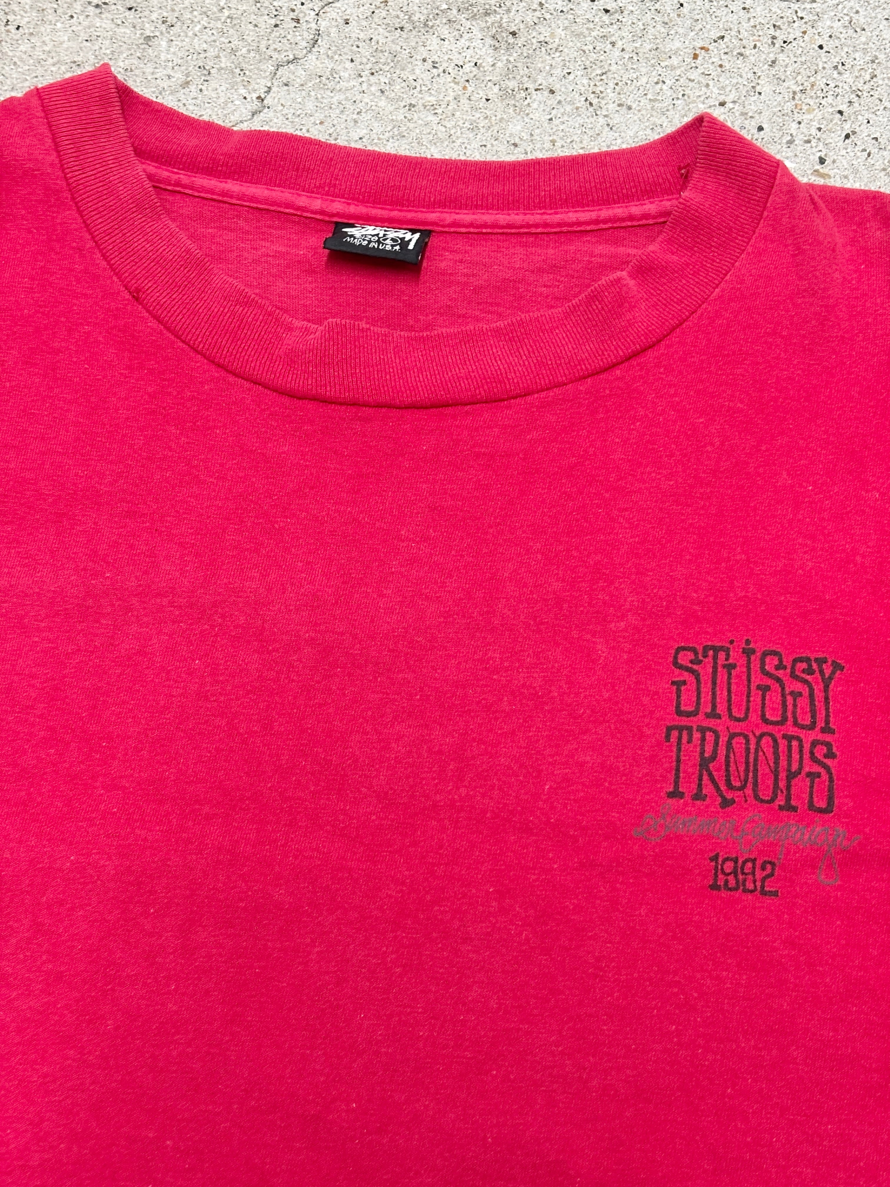 90s OLD STUSSY/STUSSY TROOPS print Tee/USA製/黒タグ/L/ロゴプリント