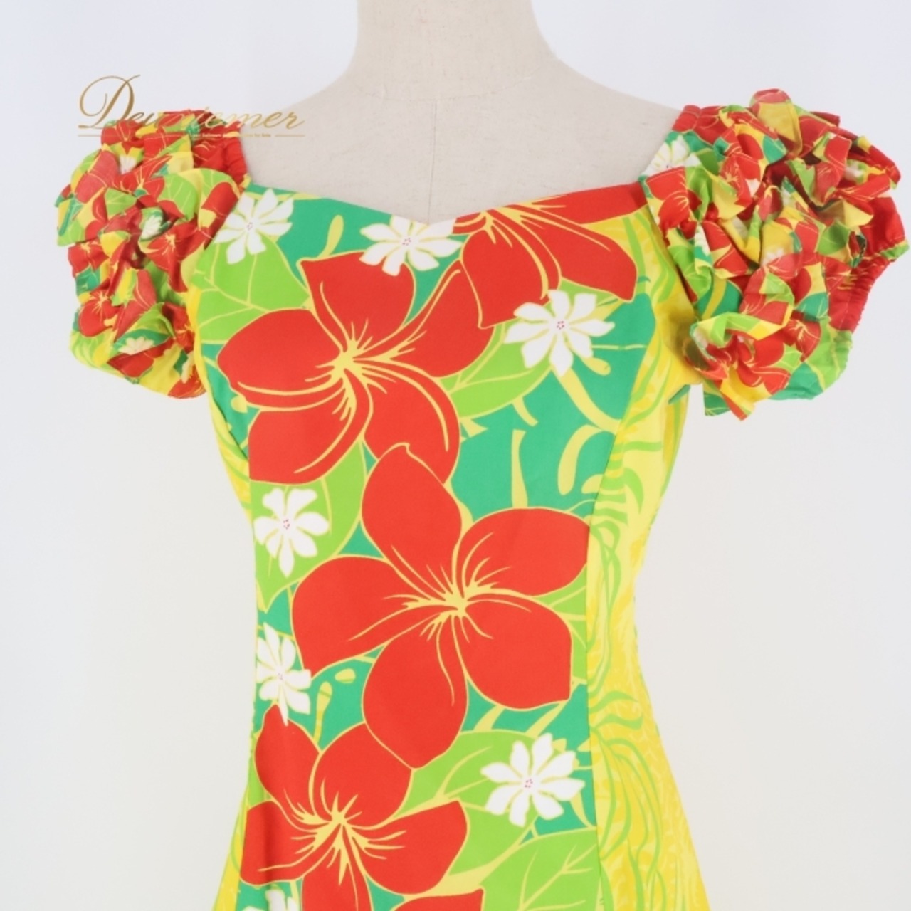 フラダンス 衣装 ワンピース ドレス イエロー系 マーメイドライン エムエムジェイ 日本製 プルメリア柄 ティアレ柄 MermaidLine MMJ ハワイアンプリント 花柄 植物柄 アロハ フラ ダンス レッスン 練習 フラ ダンス 華やか 鮮やか フリル かわいい おしゃれ レッド系 グリーン系 ホワイト系 黄 赤 緑 黄緑 白 花柄ワンピース フラダンスドレス ハワイアンファッション ワンピースドレス 花モチーフ 大人かわいい