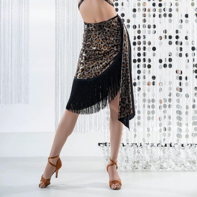 メタリック レオパード アシンメトリー フリンジ スカート 2col D00604
