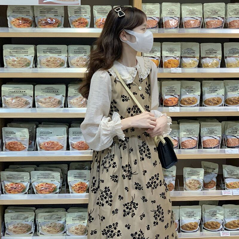 カラーロングドレス スプリングオータムフローラルスカート 春物 秋物 花柄 試着室19949093517