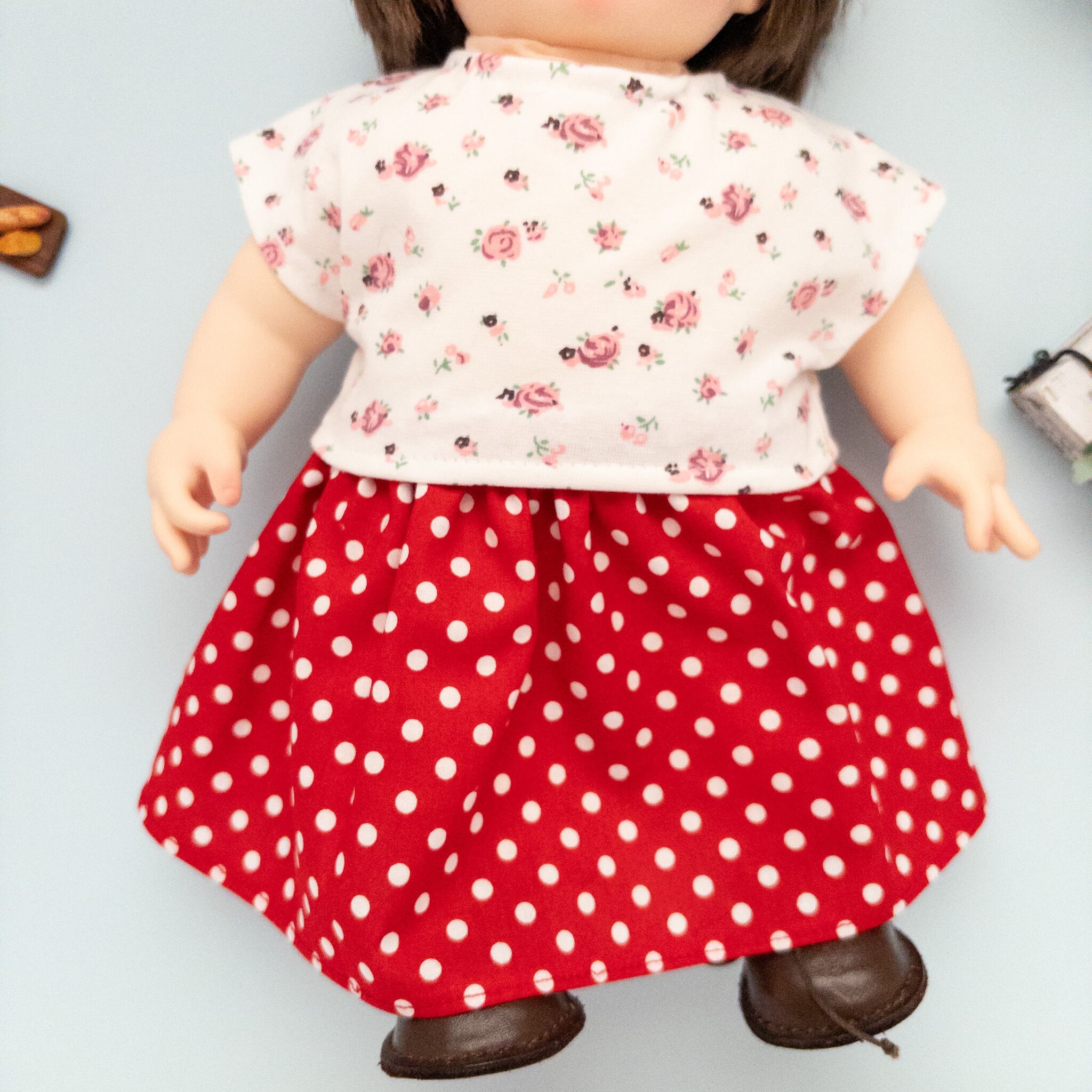 2点セット】トレーナースカートセット服（白花T赤水玉）ぽぽちゃん