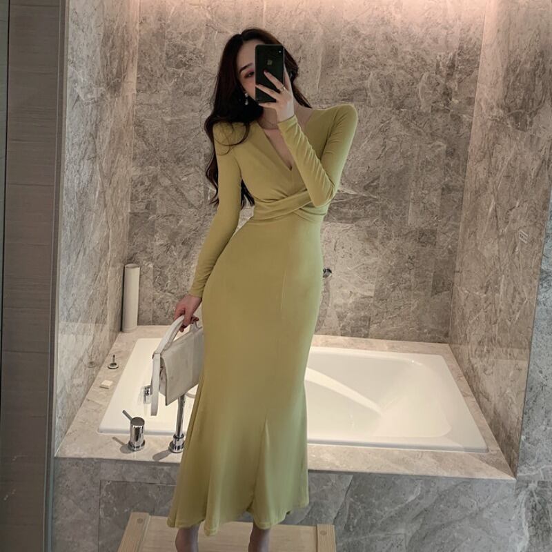 オータムVネックウェスト薄手スカート ロング 長袖 秋物 ハンチェンe86687169418