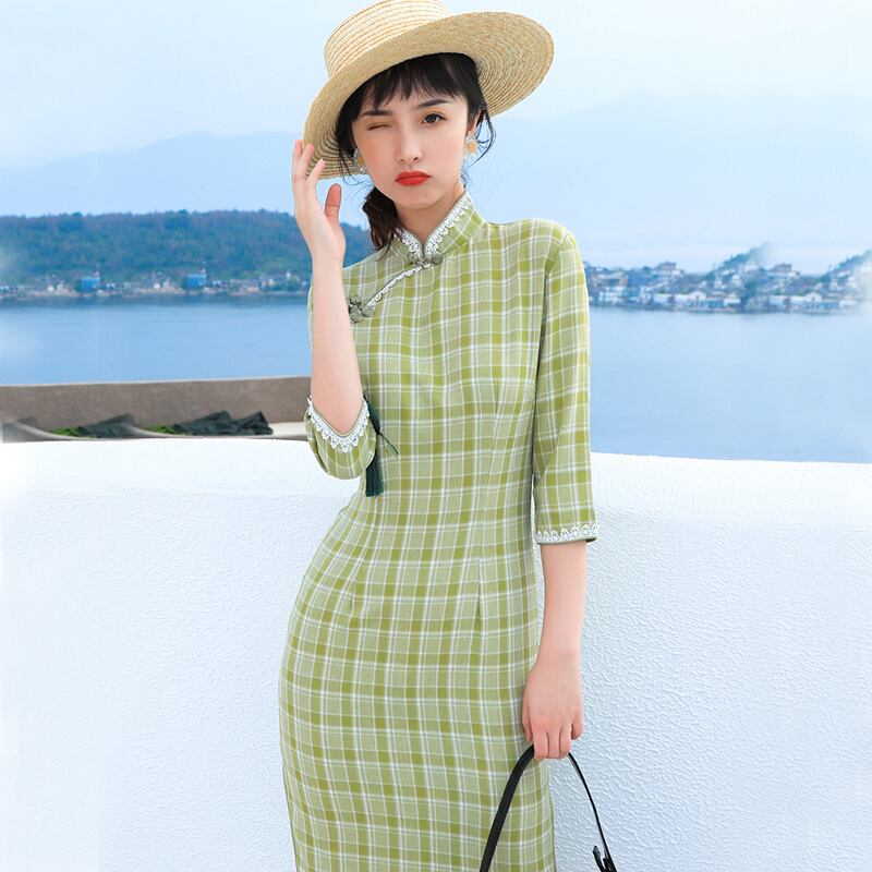 ロング丈チャイナドレス チェック柄チャイナドレス チャイナ風ワンピース チャイナ風服 中華服 二次会 女子会 同窓会 スタンドネック 五分袖 大きいサイズ S M L Ll 3l 4l グリーン 緑 レースアップ Dresszone