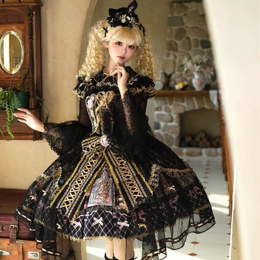 ゴスロリ クラシカルレース編み上げ JSK ドレス 黒 赤 ピンク 3色展開