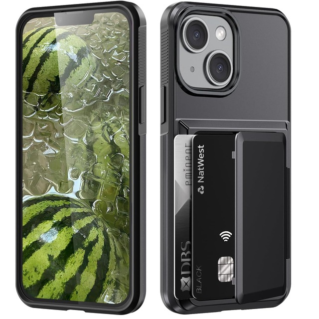 対応 iPhone 15 用 ケース カード収納 背面 米軍MIL規格 耐衝撃 アイフォン15 ケース 指紋防止 ブラック