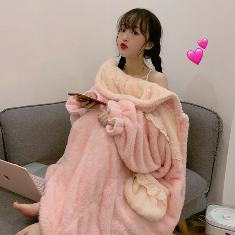 厚手のワンピースパジャマ秋冬女性はゆったりとした春秋パジャマフード付きロングホームウェアナイトガウン冬かわいい 萌量不足66934435923