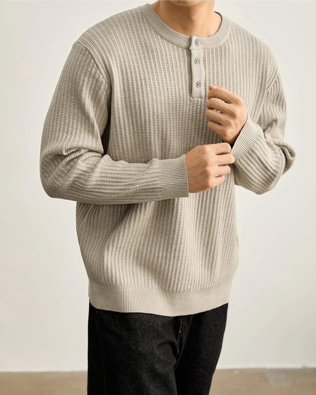 リラックススタイル ヘンリーネックニットシャツ 4色 A0056