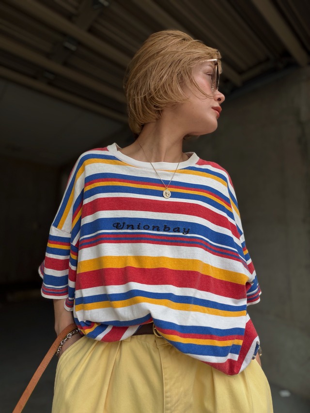 （CS2269）90's UNIONBAY multi colored stripes T-shirt made in USA