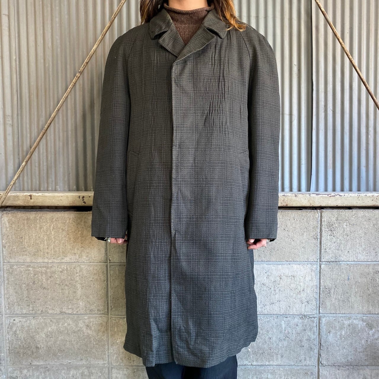 ビンテージ Dunn & Co チェック柄 ウールステンカラーコート メンズXL 