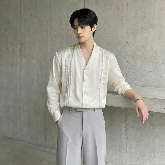 光沢ビーズルーズカジュアルシャツ D11958