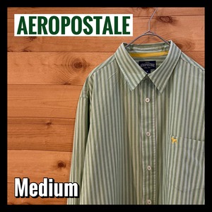 【AEROPOSTALE】ストライプシャツ ライトグリーン 長袖 柄シャツ 刺繍ロゴ アメリカ古着