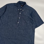 リネン混 TAKEO KIKUCHI タケオキクチ デニム風 シャンブレー BD ボタンダウン 半袖 プルオーバー シャツ 3/ネイビー系 メンズ