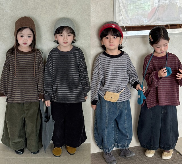ボーダー起毛リンガートップス（4色展開）JIAY｜トップス プルオーバー｜小学生 ジュニア対応｜通学 普段着｜韓国子供服｜男の子 女の子｜80-140cm｜2026秋服 ［取寄］