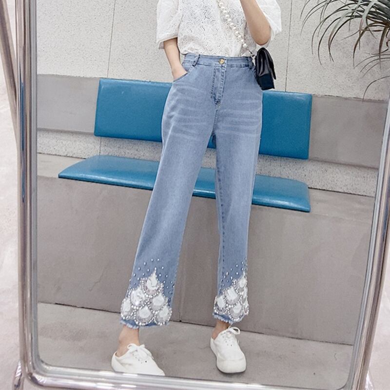 サマー薄手ルーズレースジーンズ 大きめサイズ 夏物 ミックスインファッション31203013784