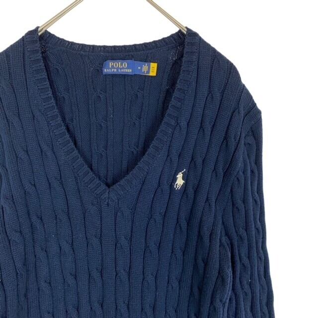 【中古】POLO RALPHLAUREN ポロラルフローレン ケーブル ニットセーター 長袖 ネイビー×ホワイト Vネック コットン レディス Mサイズ