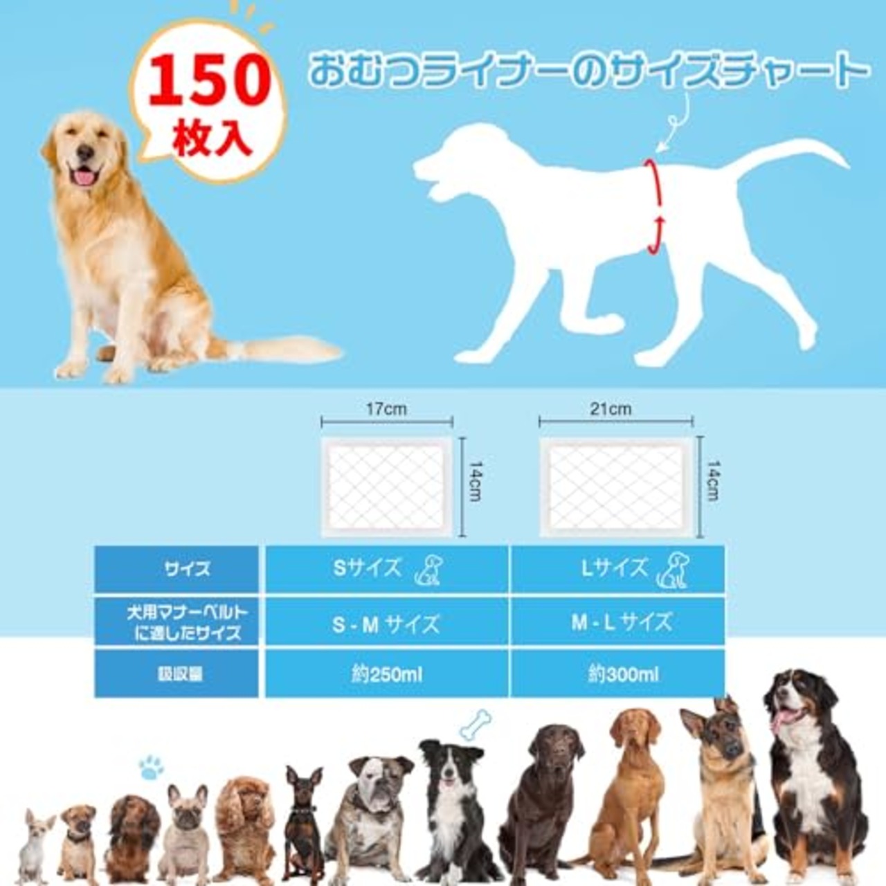 犬用おむつライナー 150枚入 高吸収性能 ずれない 犬 オムツ 男の子 女の子兼用マナーベルトパッド 横漏れ対策 老犬介護 マーキング防止 ペット用おしっこ吸収シート、Lサイズ