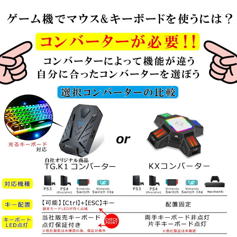 Nintendo Switch/PS4/PS3/Xbox One/対応 ゲーム4点セット ゲーミングキーボード マウス コンバーター マウスパッド  任天堂スイッチ ライト [KMX-50/TG.K1 KX] 英語配列 光学式マウス USB接続 【送料無料】