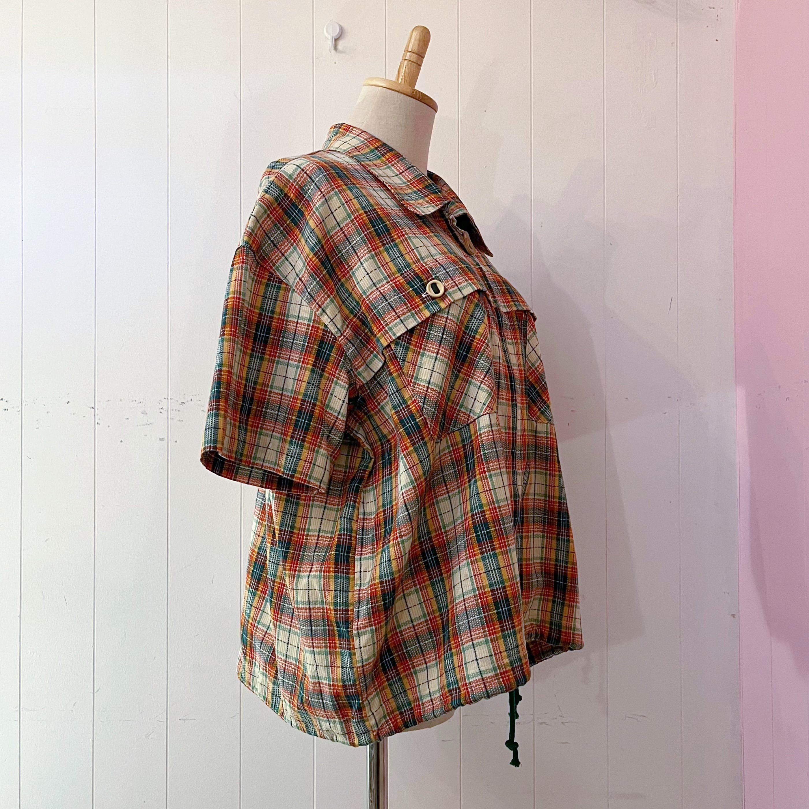 green madras check zip-up shirt