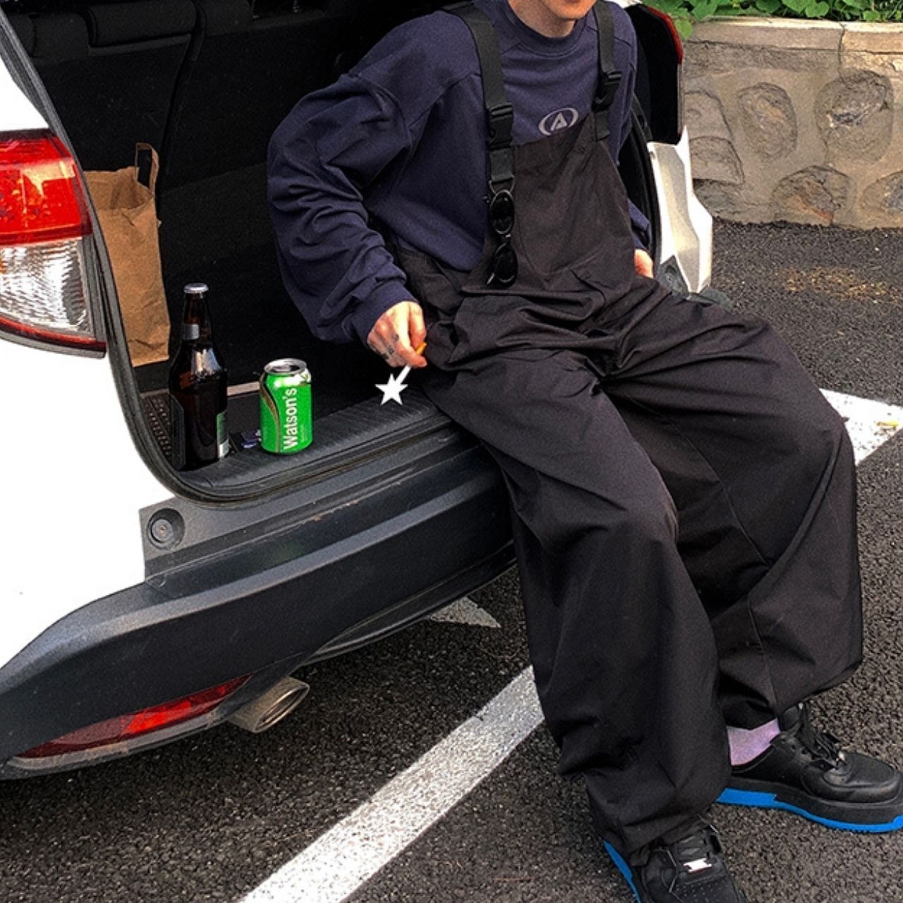 オールブラックナイロンオーバーオール　1089