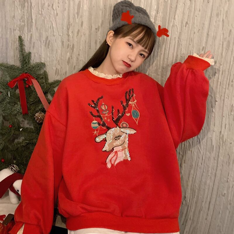 セーター ベルベットルーズブラウス レッド 刺繍 ウィンター 冬物 萌量不足74888760938