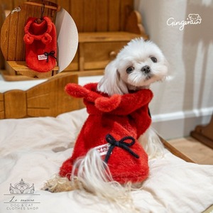 予約【№B7086】ベルベット　ふわふわ　レッド　くまフードベスト