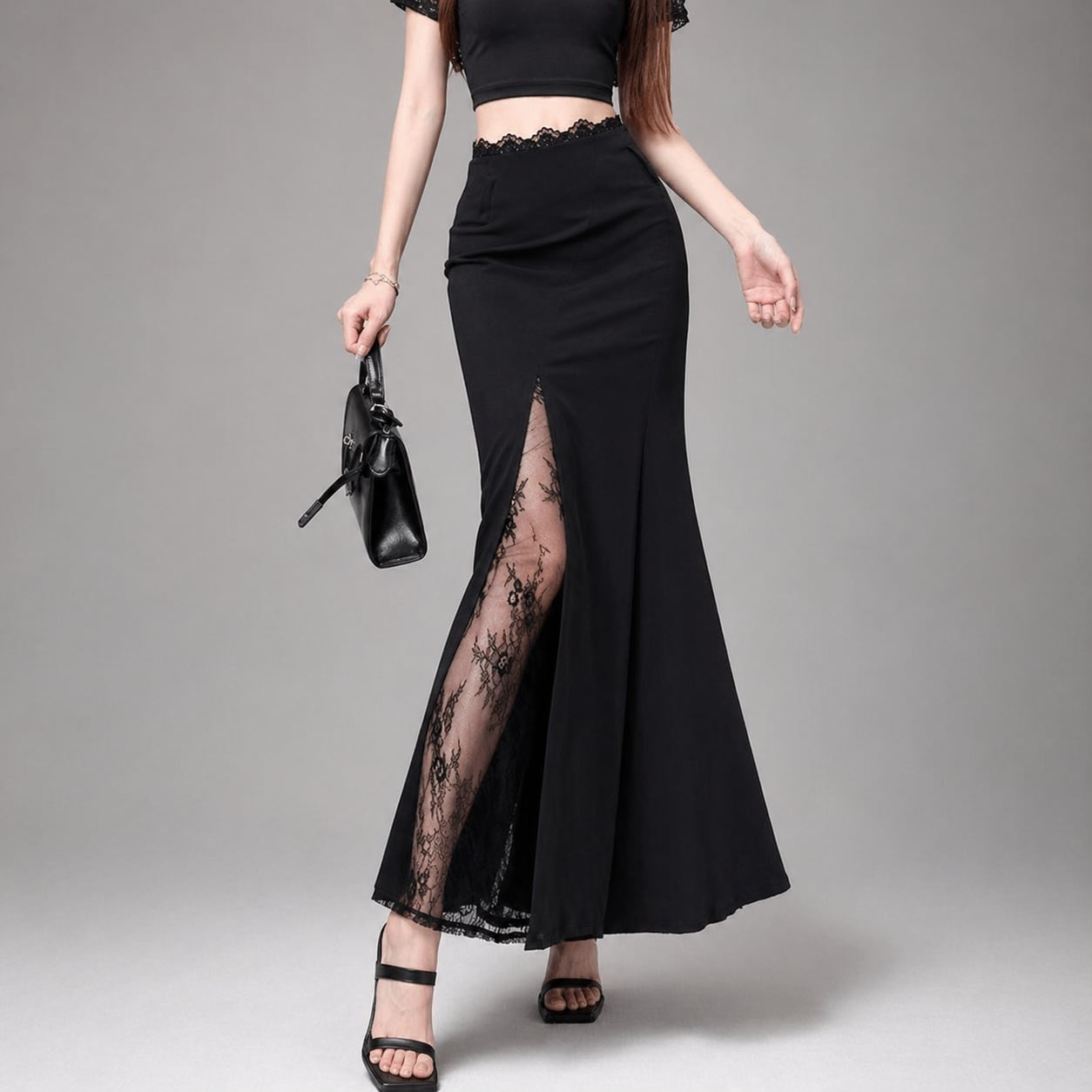 deep slit lace skirt / l0437