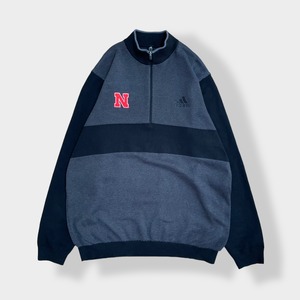 【adidas】カレッジロゴ ネブラスカ大学 Nebraska 刺繍ロゴ ブランドロゴ スポブラ ハーフジップ スウェット プルオーバー アディダス L 天竺編み 柄 切替 US古着