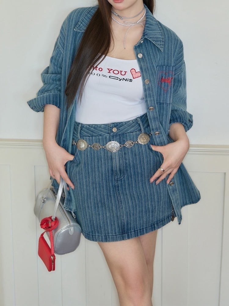 甘さ×デニムで作る大人ガーリーカジュアル ストライプデニムセットアップ ジャケット ミニスカート カジュアル 大人可愛い お洒落 体型カバー 大きいサイズ 韓国 CH10999