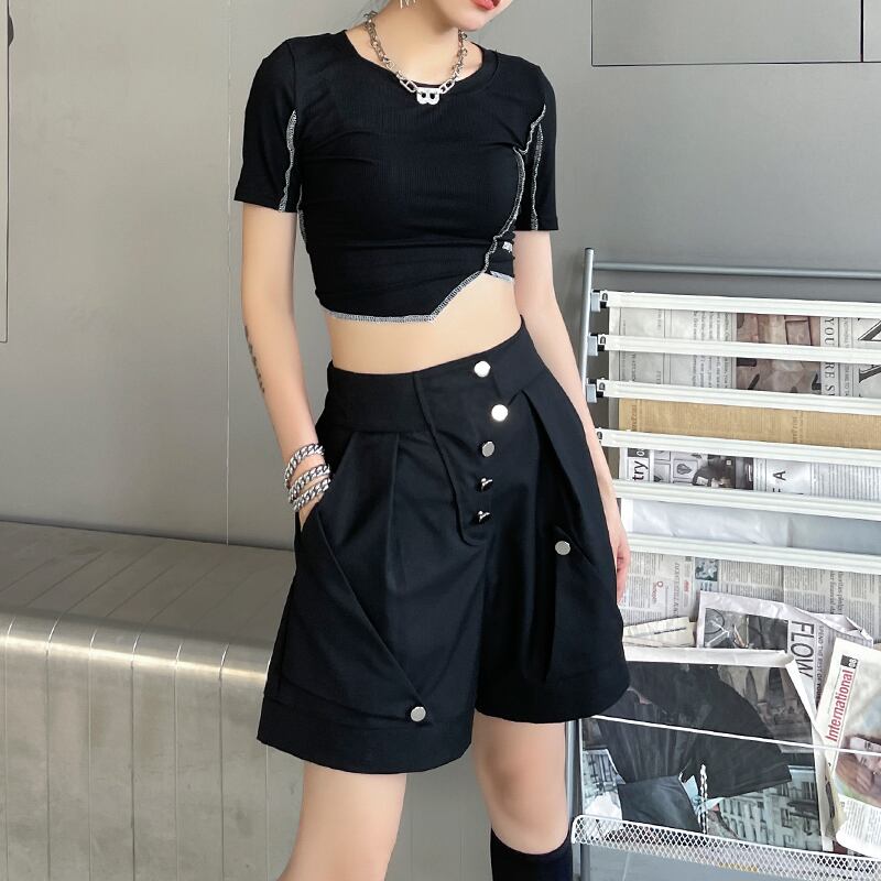 ブラックショーツ サマー薄手ハイウェストウェストルーズワイドレッグカジュアルロングパンツ 夏物 ブルマー ワイドパンツ ラブタオタオダレンハウス61160890019