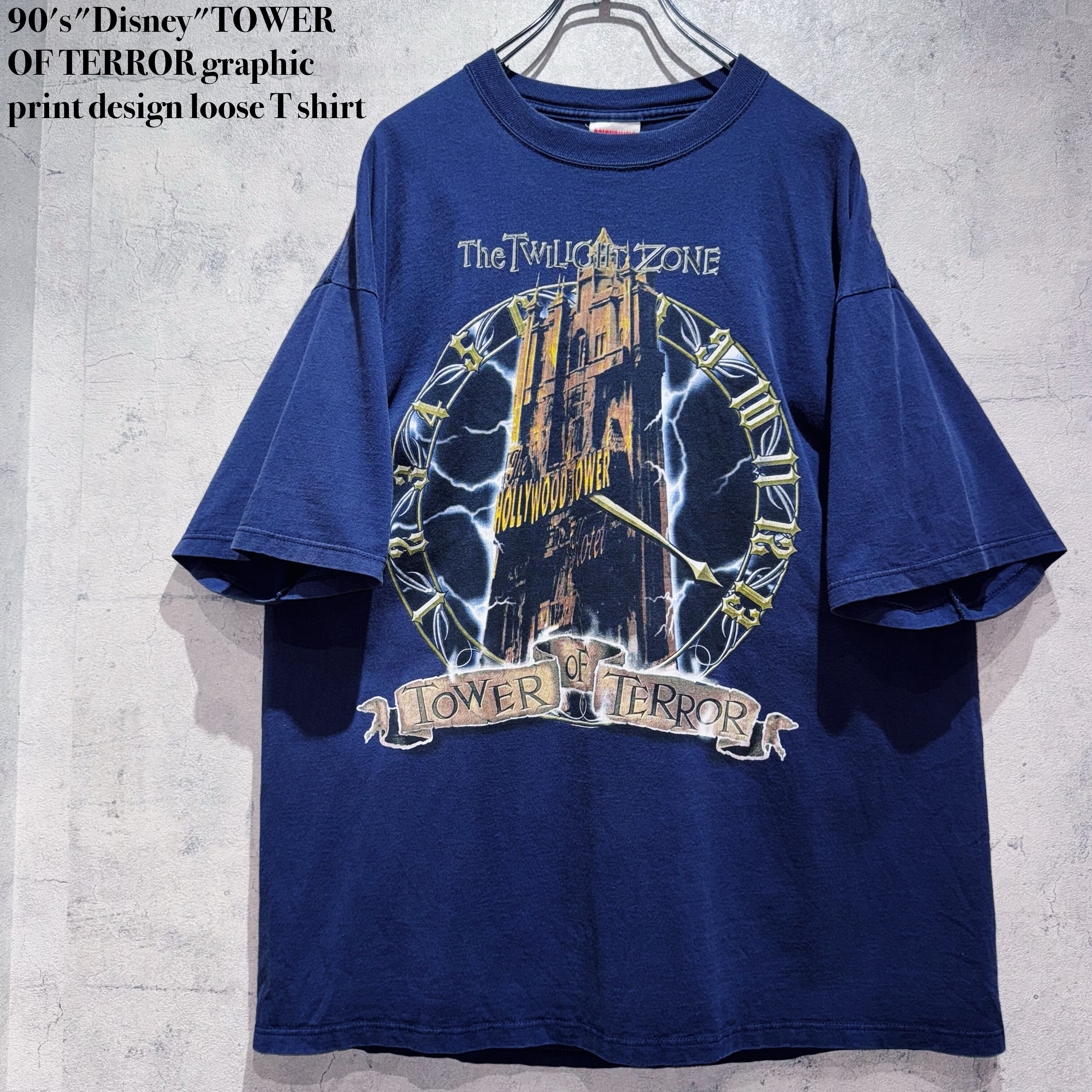 90's"Disney"TOWER OF TERROR graphic print design loose T shirt