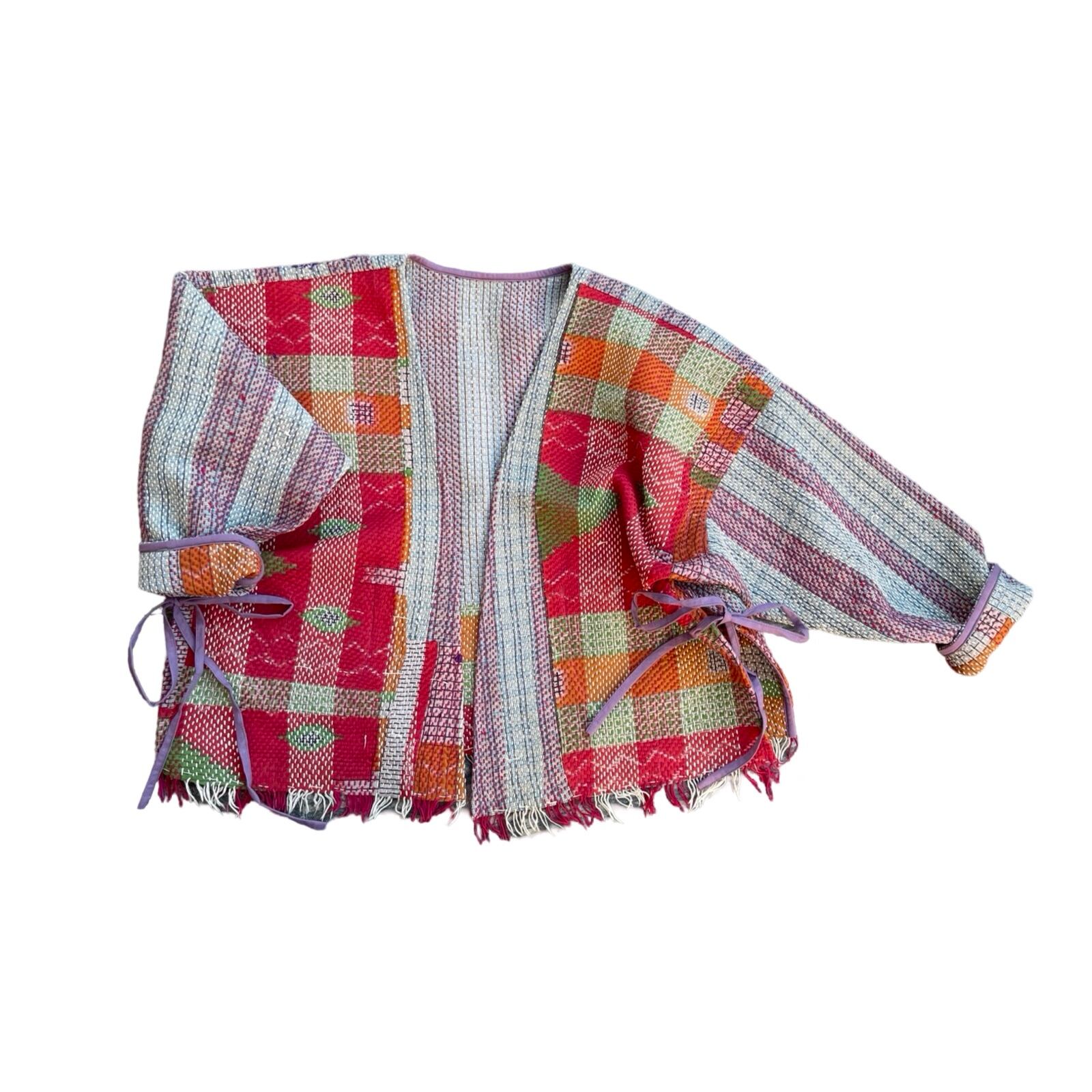 saruche Vintage パキスタングドゥリー 刺子のサイドリボンリバーシブルフリンジジャケット
