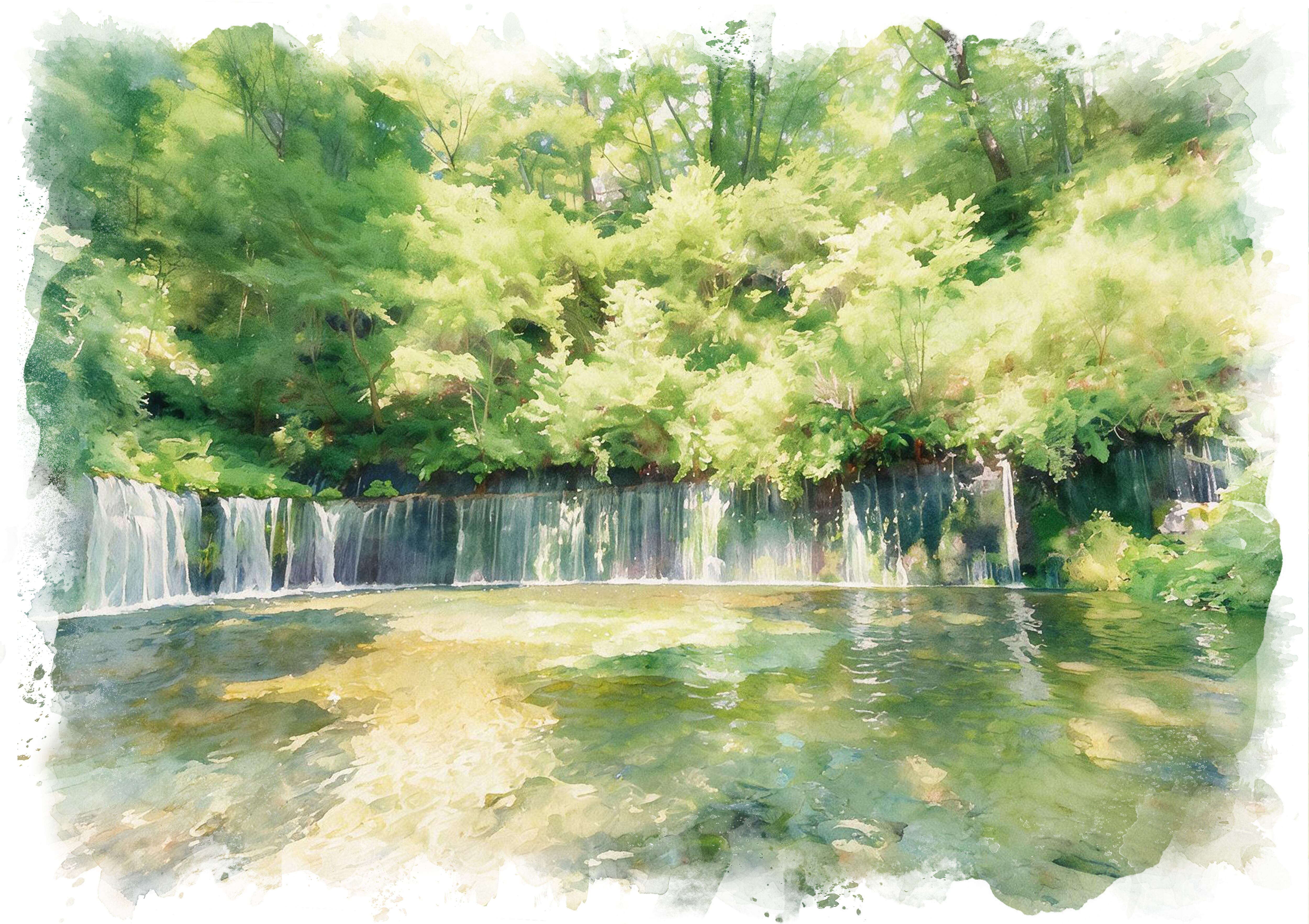 絵画 風景画 日本 長野県軽井沢白糸の滝 インテリアアート額付き 水彩画風 WAT1829