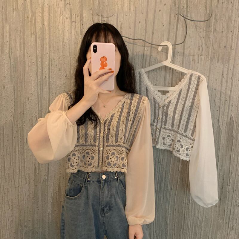 スプリングスタンダードVネックショートトップス ルーズレースシャツ レディース ロング レトロ 春物 スーパーモール78082738124