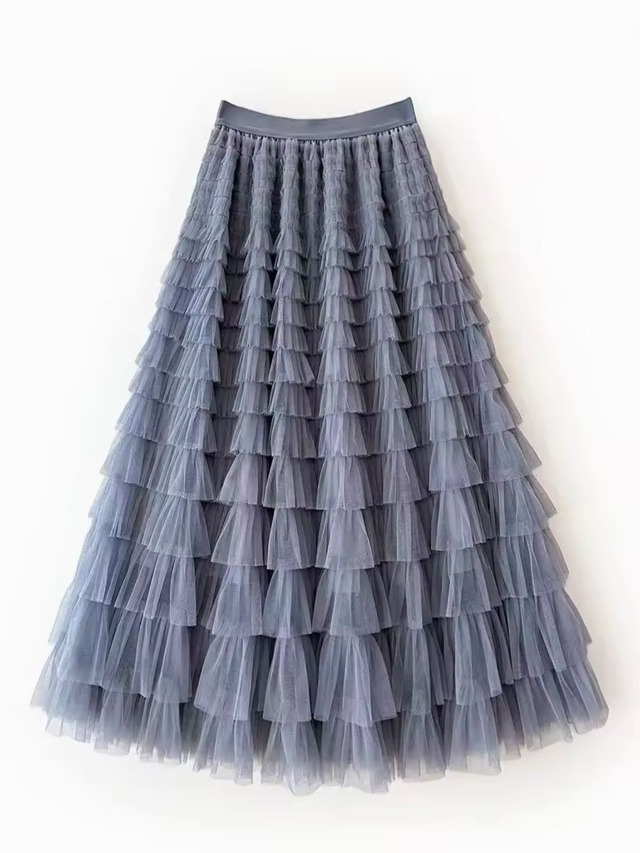 【LK0349】Ciffon Tiered Mesh Flare Skirt