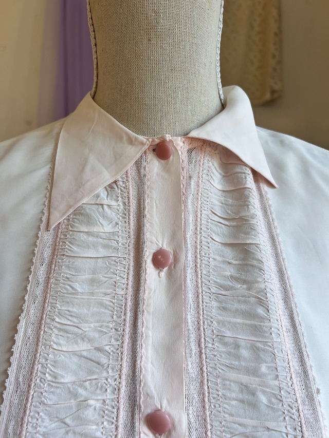 40's vintage  blouse pink gather design blouse with lace